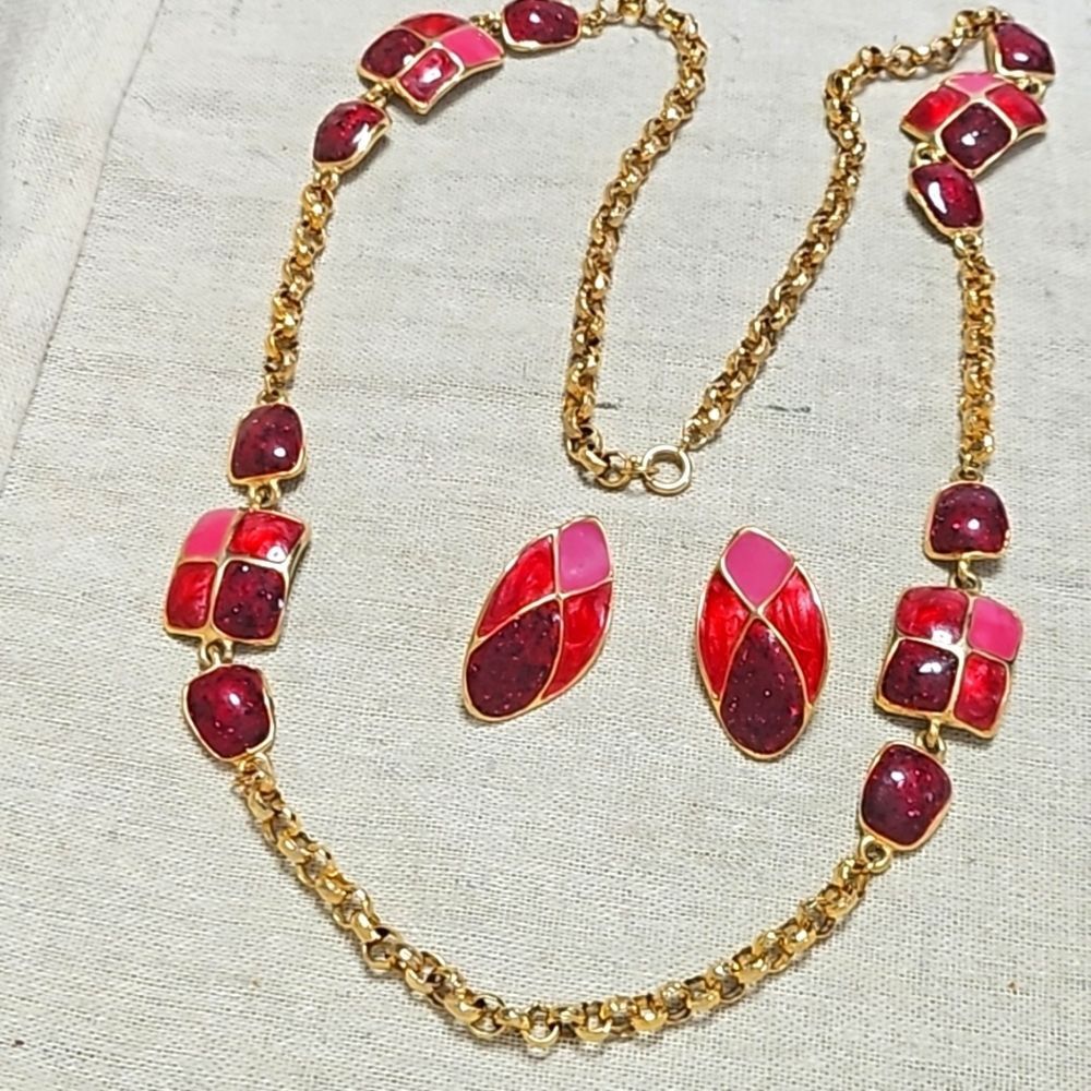 Vintage 80's Pink Red Enamel Gold Plated Gaudy Necklace Earrings Set